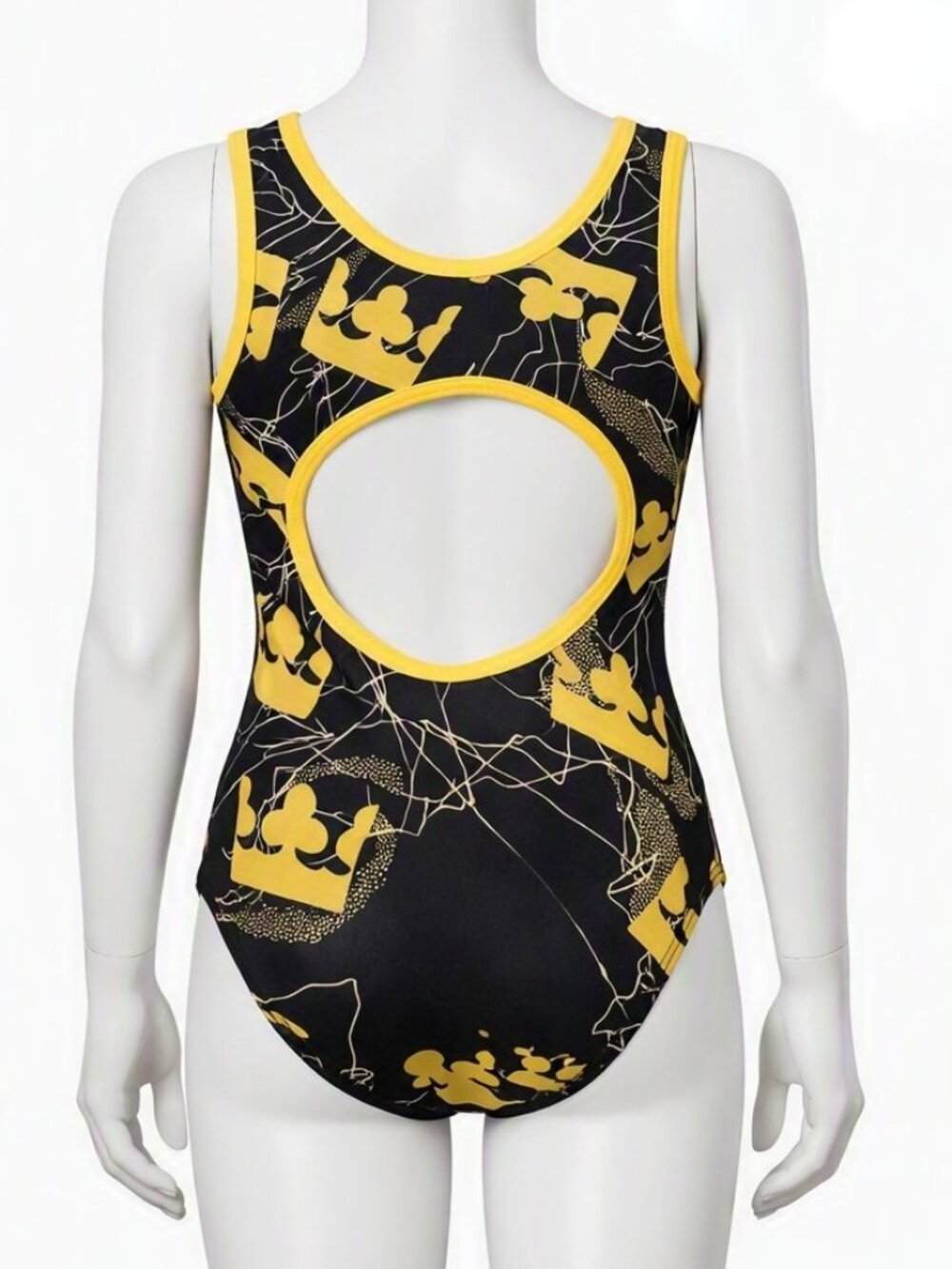 NWT ERIN Gymnastics Leotard Flip Side Open Back Black Gold Side AS